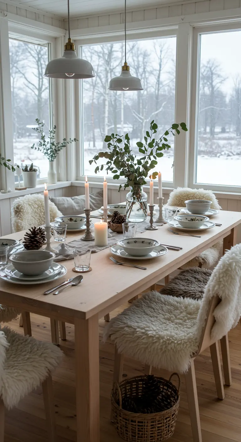 Scandinavische eetkamer met houten tafel, bonten stoelhoezen en winterse decoratie.