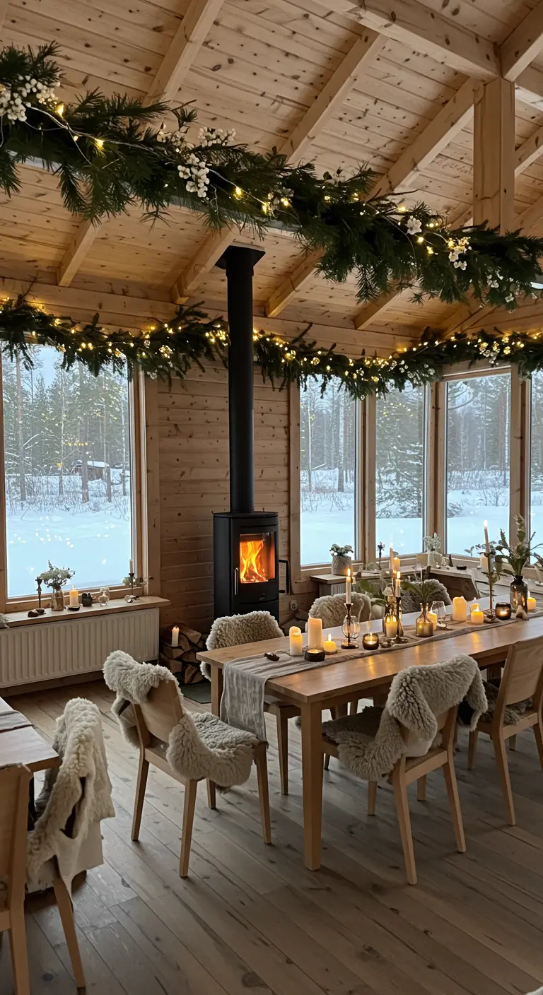 Gezellige winterhut met dennenguirlandes met lichtjes, veel kaarsen en schapenvachtjes op stoelen.