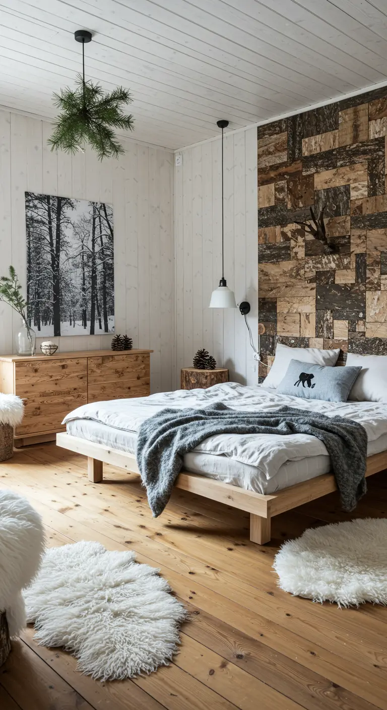 Scandinavische slaapkamer met diverse houtsoorten en faux fur kleden.