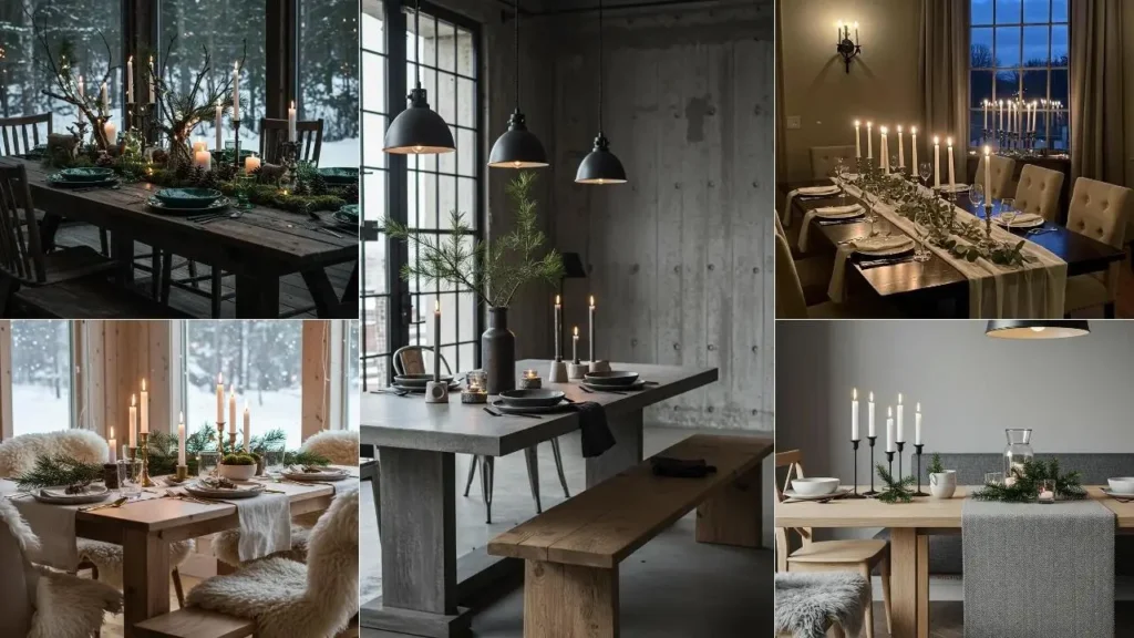 Scandinavische wintertafel decoratie ideeën met kaarsen, groen en warme texturen.
