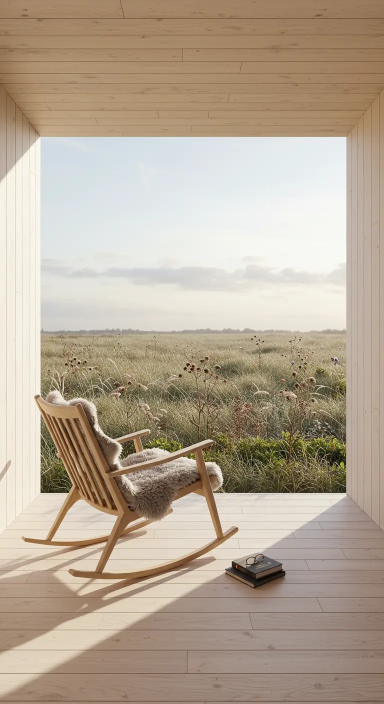 Lichte houten schommelstoel met schapenvacht op een lichte veranda met uitzicht op een grasveld en gedroogde bloemen.