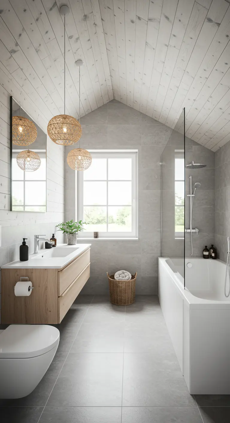 Lichte Scandinavische badkamer met wit houten plafond, rieten hanglampen en houten badmeubel.