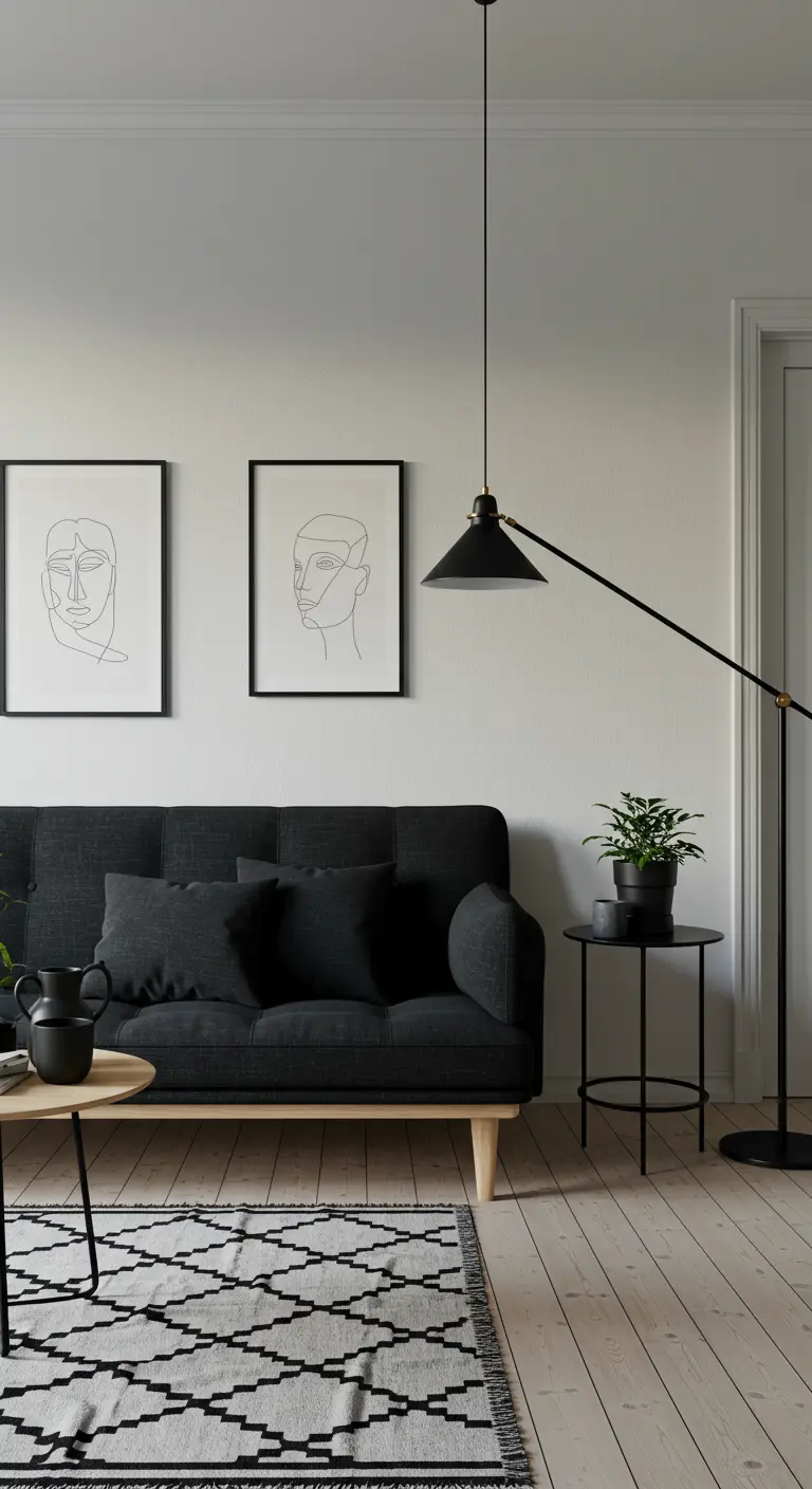 Lichte Scandinavische woonkamer met zwarte bank, houten vloer en zwart-wit vloerkleed.