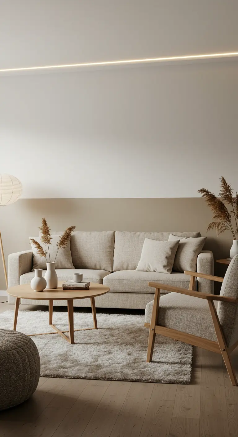 Scandinavische woonkamer met beige ondermuur en lichtere beige bovenmuur.