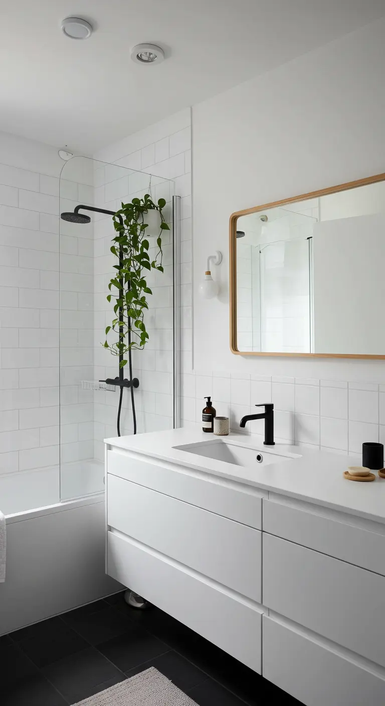Houten spiegel met afgeronde hoeken in witte Scandinavische badkamer.