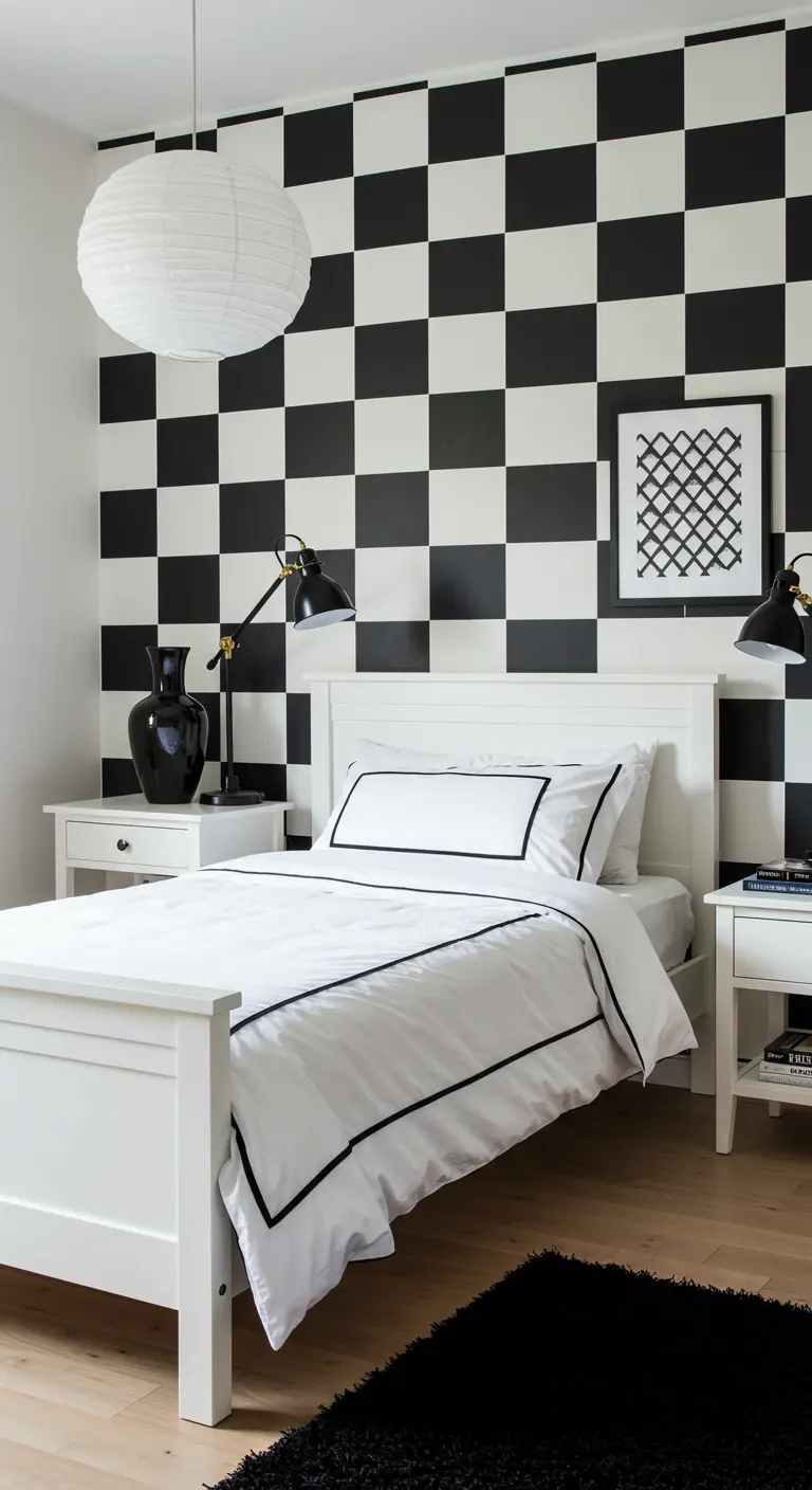 Slaapkamer met grote zwart-wit geblokte accentmuur achter wit bed.