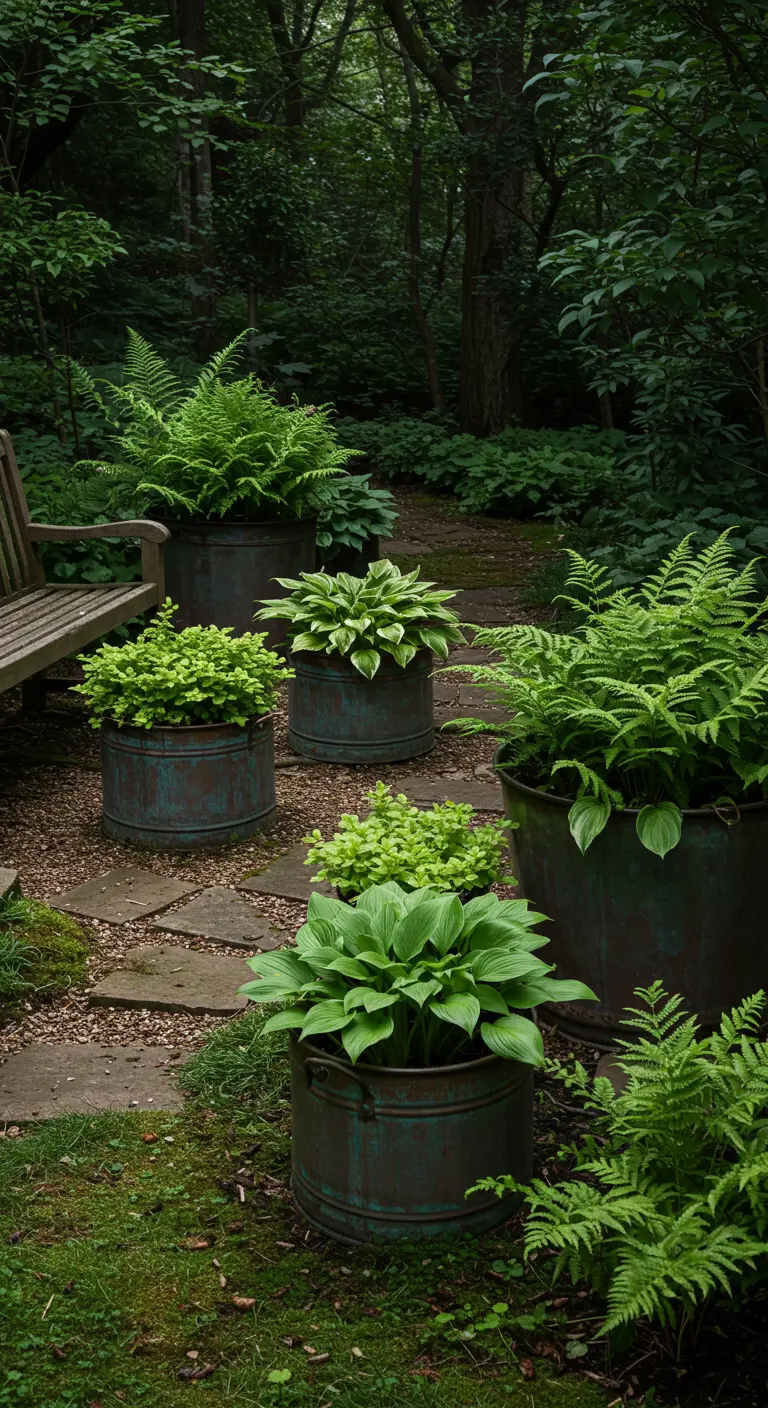 Verschillende soorten varens en hosta's in grote, verweerde donkere metalen potten in een schaduwtuin.