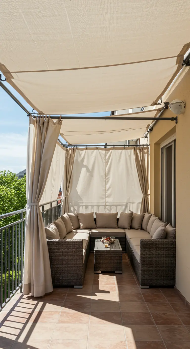 Balkon met grote loungebank, schaduwdoek erboven en crèmekleurige gordijnen aan de zijkanten.