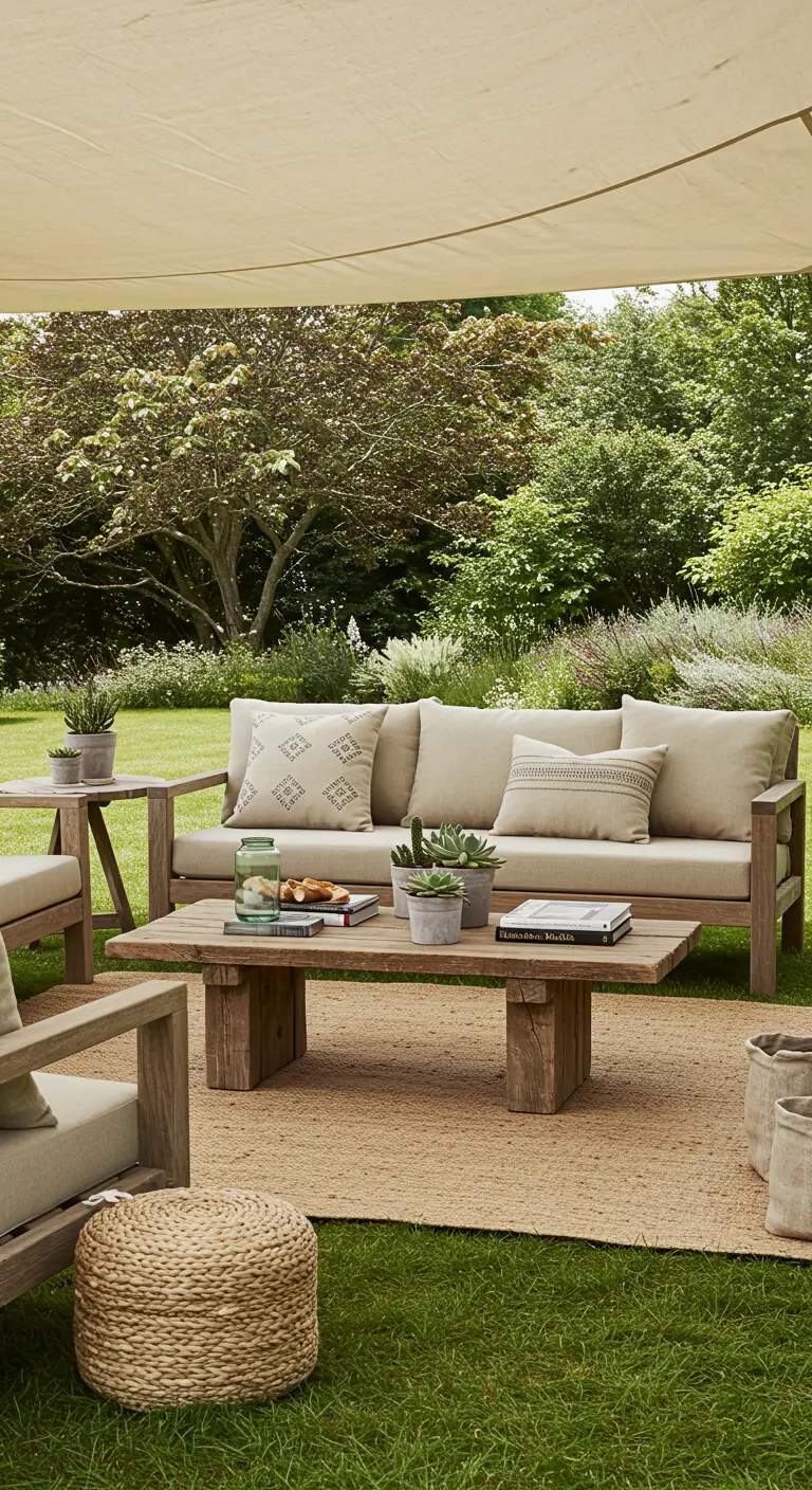 Ruime buitenlounge onder een canvas schaduwdoek met houten meubels.