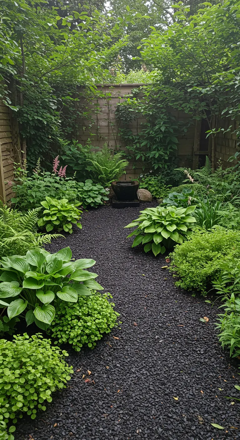 Schaduwrijke tuin met donker grind, weelderige hosta's en varens, en een kleine waterfontein.