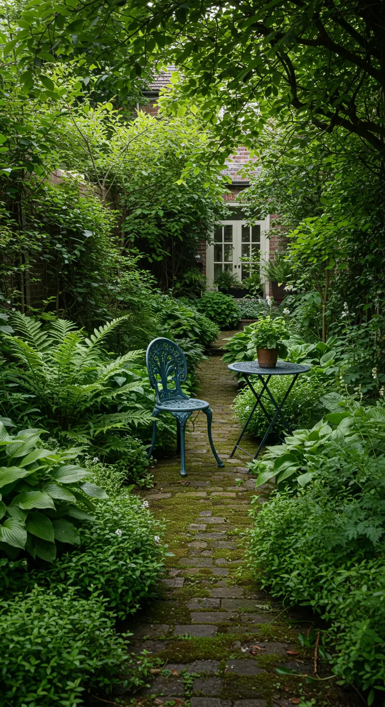 Weelderig groen tuinpad met varens en hosta's, leidend naar een blauwe metalen stoel en tafel.