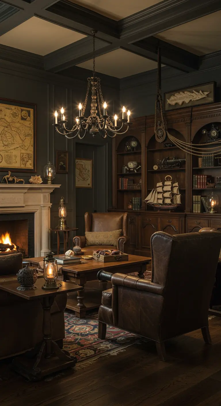 Klassieke donkere woonkamer met leren fauteuils, open haard en maritiem decor.