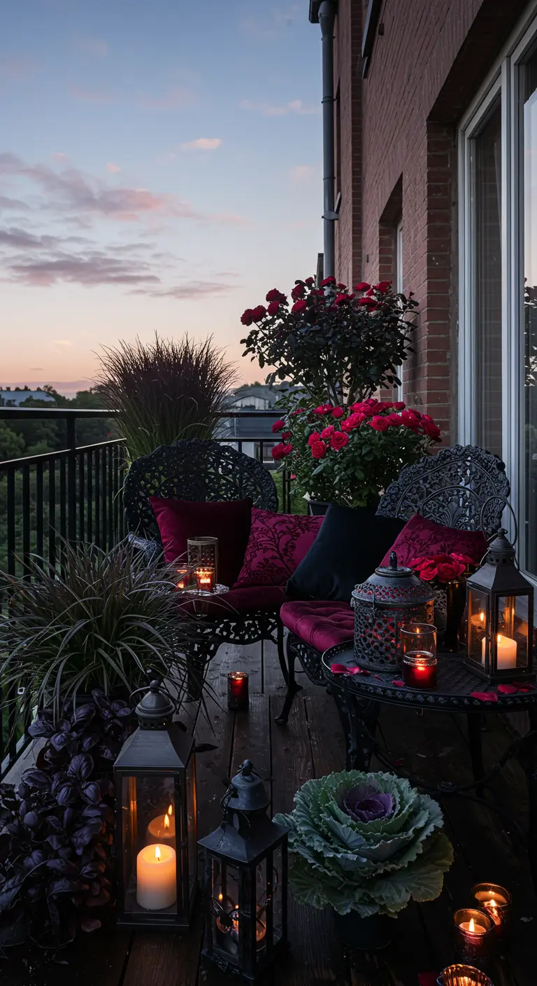 Sfeervol balkon bij schemering met rode rozen, donkere planten, kaarsen en lantaarns.