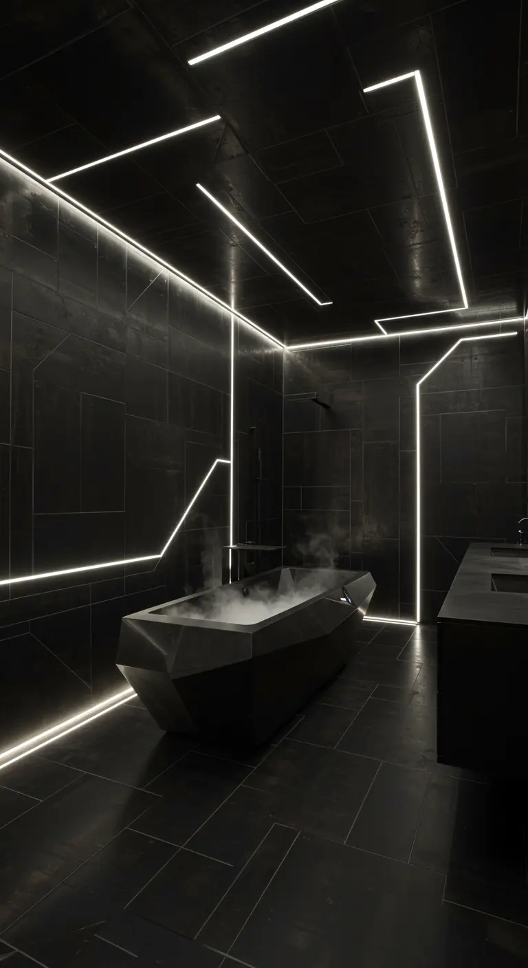 Donkere badkamer met geometrische witte LED-lijnen en een modern, hoekig bad.