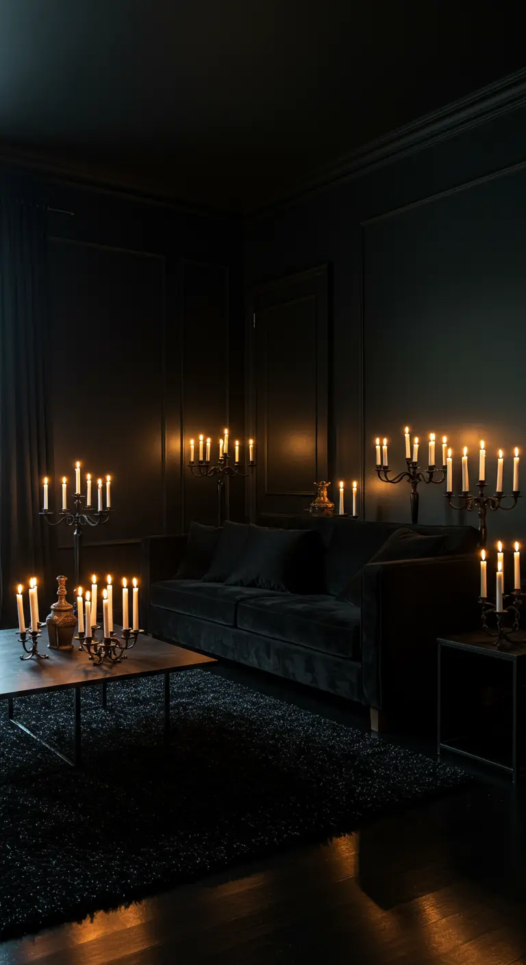 Extreem donkere kamer die enkel verlicht wordt door een groot aantal brandende kandelaren.