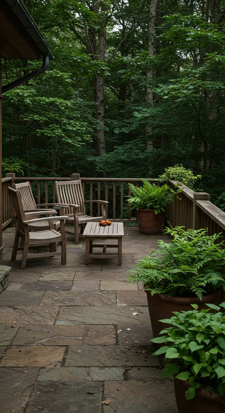 Houten terras in het bos met houten stoelen en tafel, omringd door potten met Schildvarens en Hosta's.