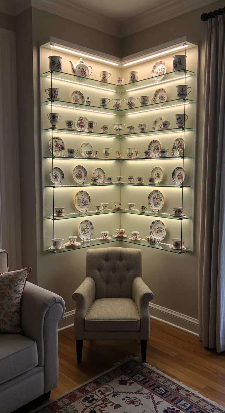 Hoekvitrinekast van glas met verlichte planken vol met porseleinen servies, met een fauteuil ervoor.