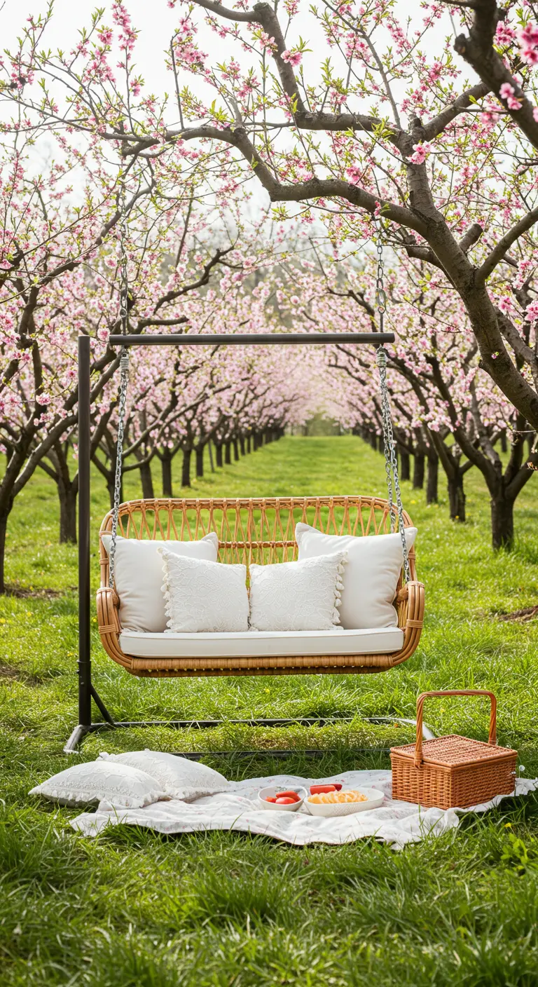 Rieten schommelbank met witte kussens en zwart frame in roze bloesemgaard.