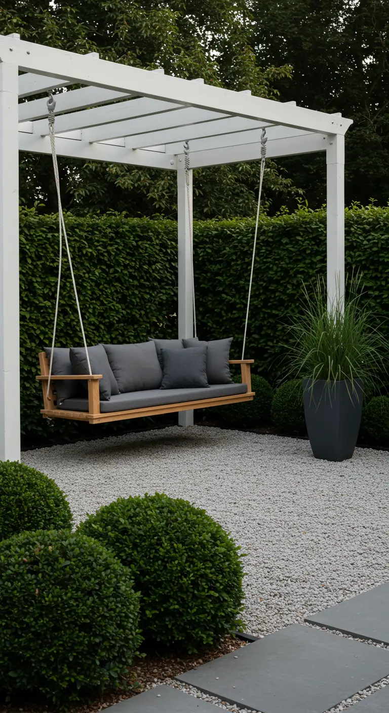 Houten schommelbank met donkergrijze kussens onder een witte pergola in een moderne tuin.