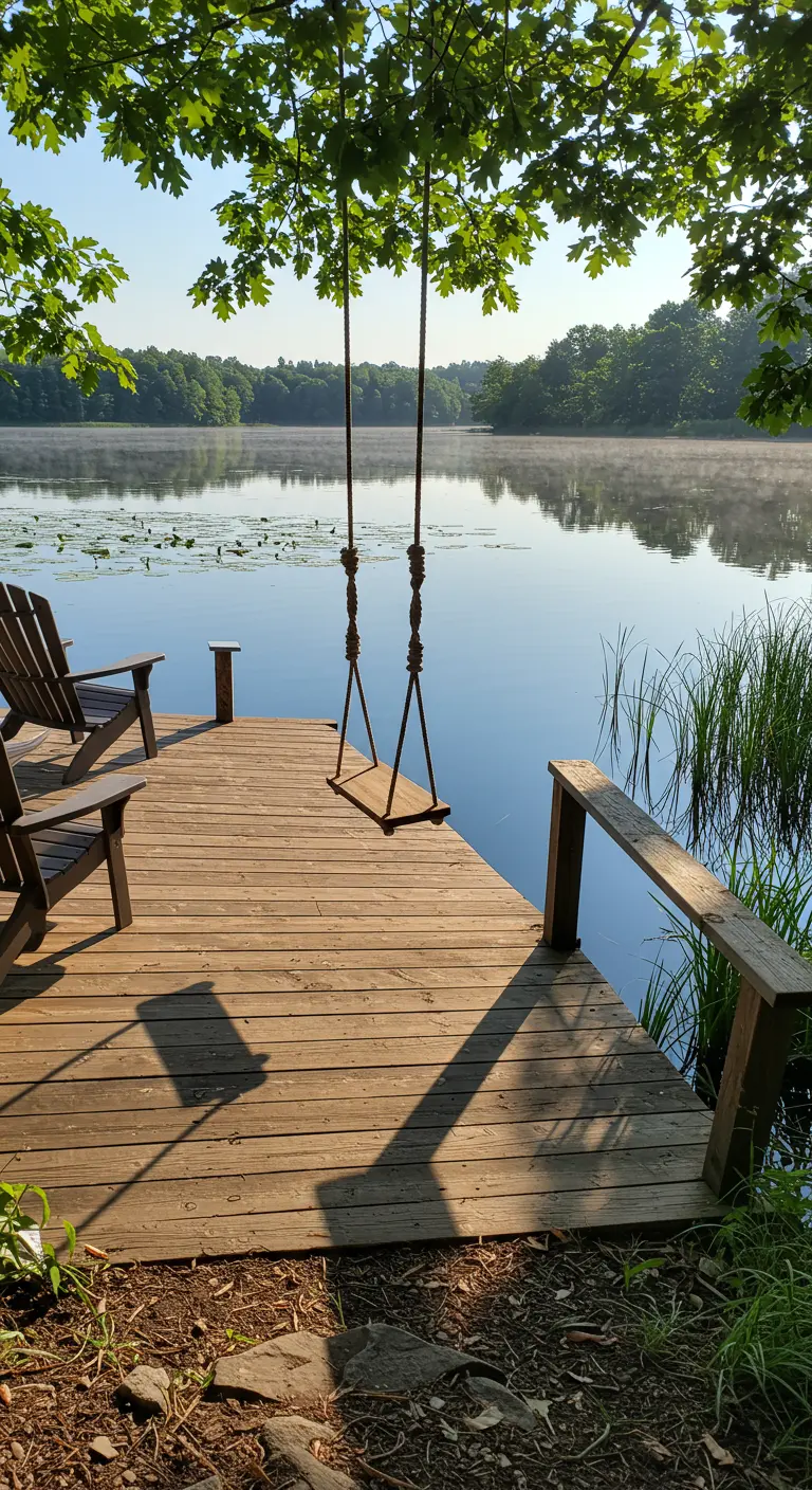 Houten schommel aan het einde van een houten steiger bij een rustig meer.