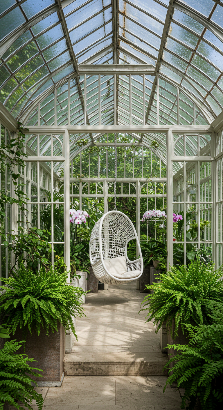 Witte eivormige hangstoel in grote glazen kas vol varens en planten.