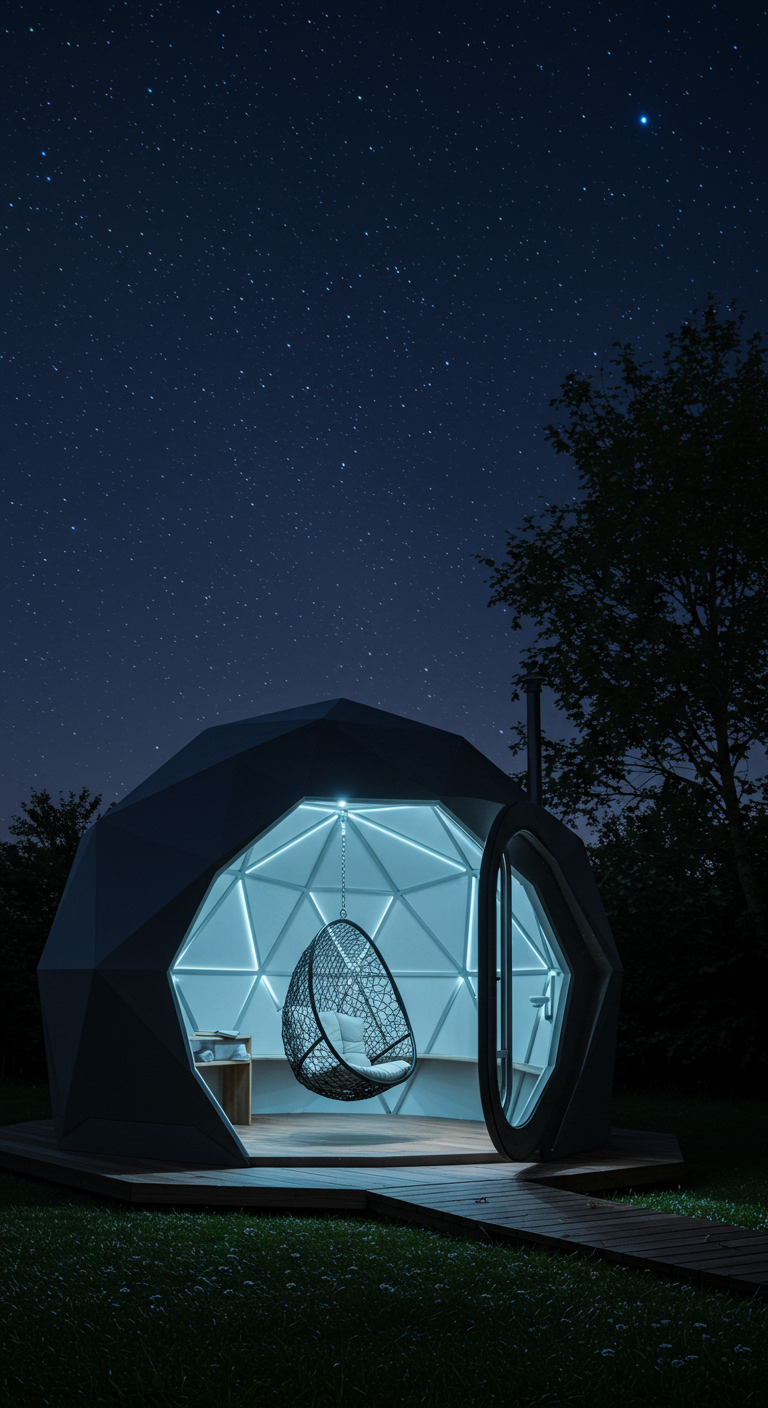 Futuristisch koepelvormig tuinhuis met geometrisch design en hangstoel, blauwe LED-verlichting.