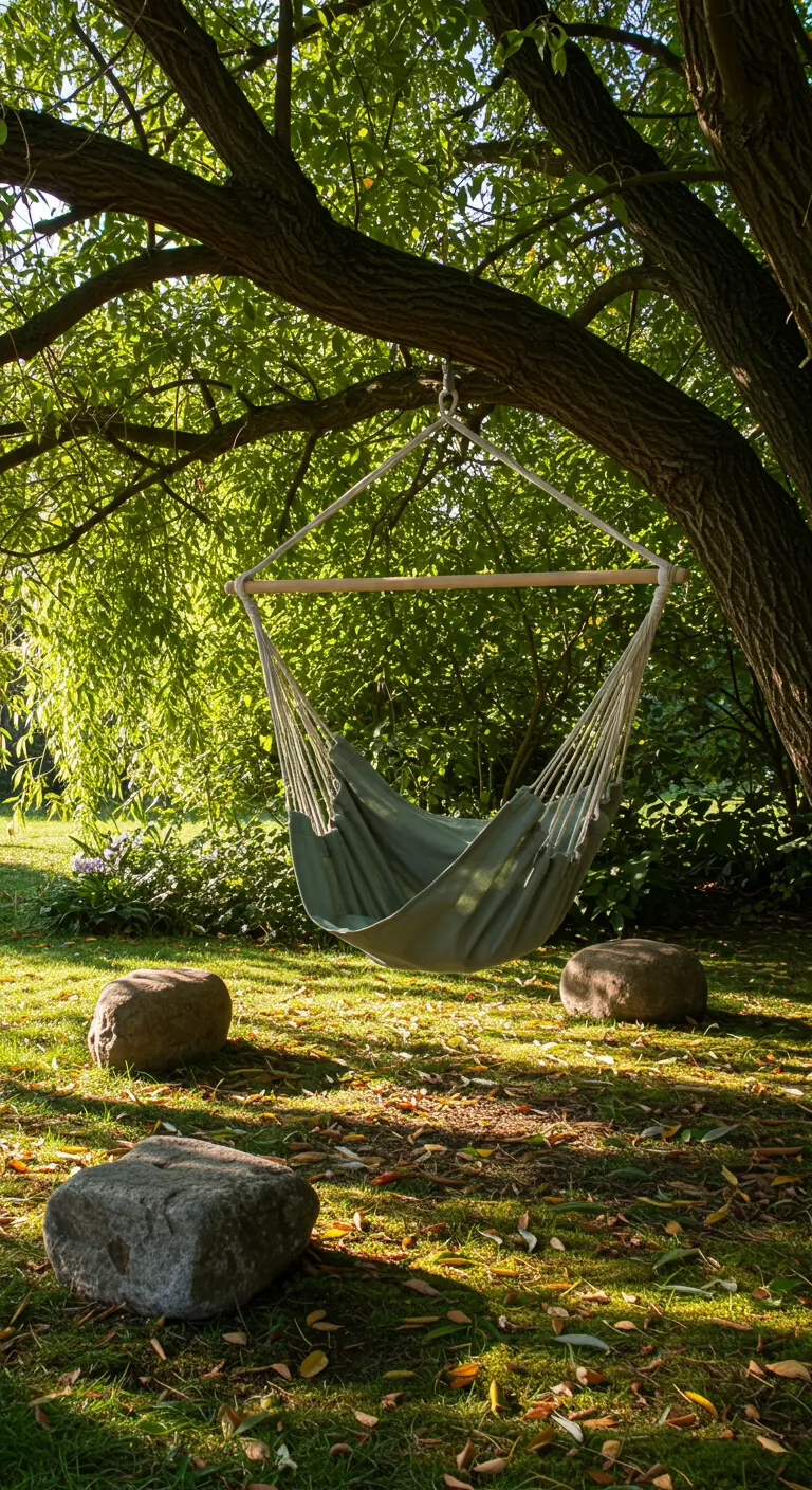 Groene stoffen hangstoel hangend aan een grote boom in een tuin.