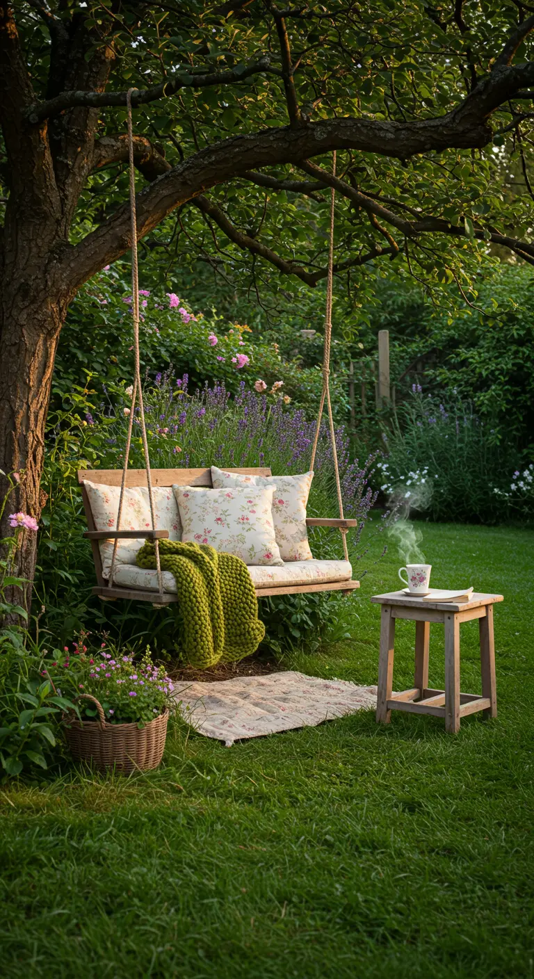 Houten schommelbank onder boom in bloeiende tuin met plaid en thee.
