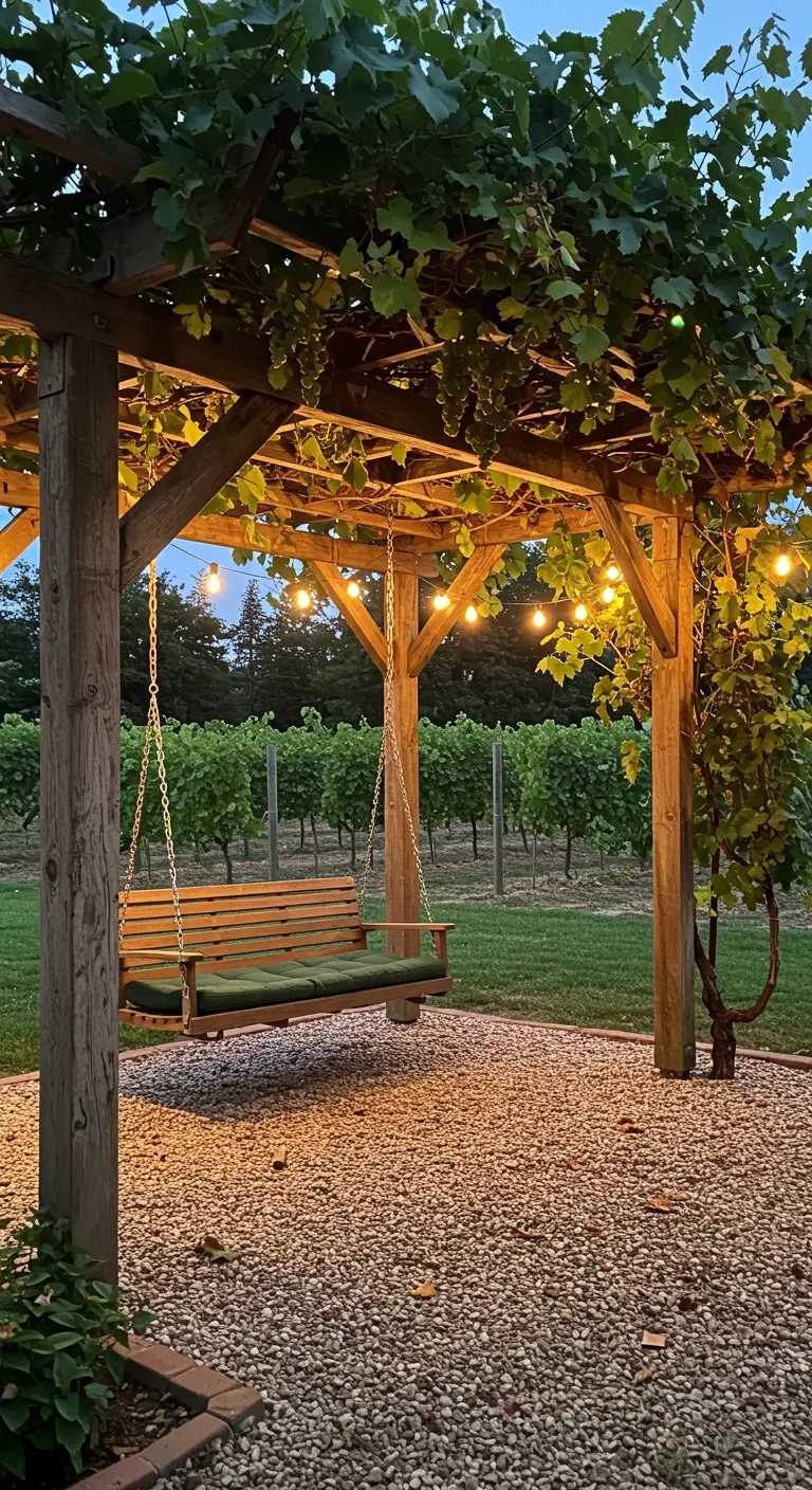 Houten pergola met wijnranken en druiven, een houten schommelbank en lichtslingers.