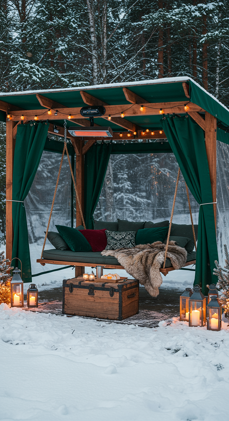 Houten schommelbank onder groene overkapping met terrasverwarmer en lantaarns in besneeuwd landschap.