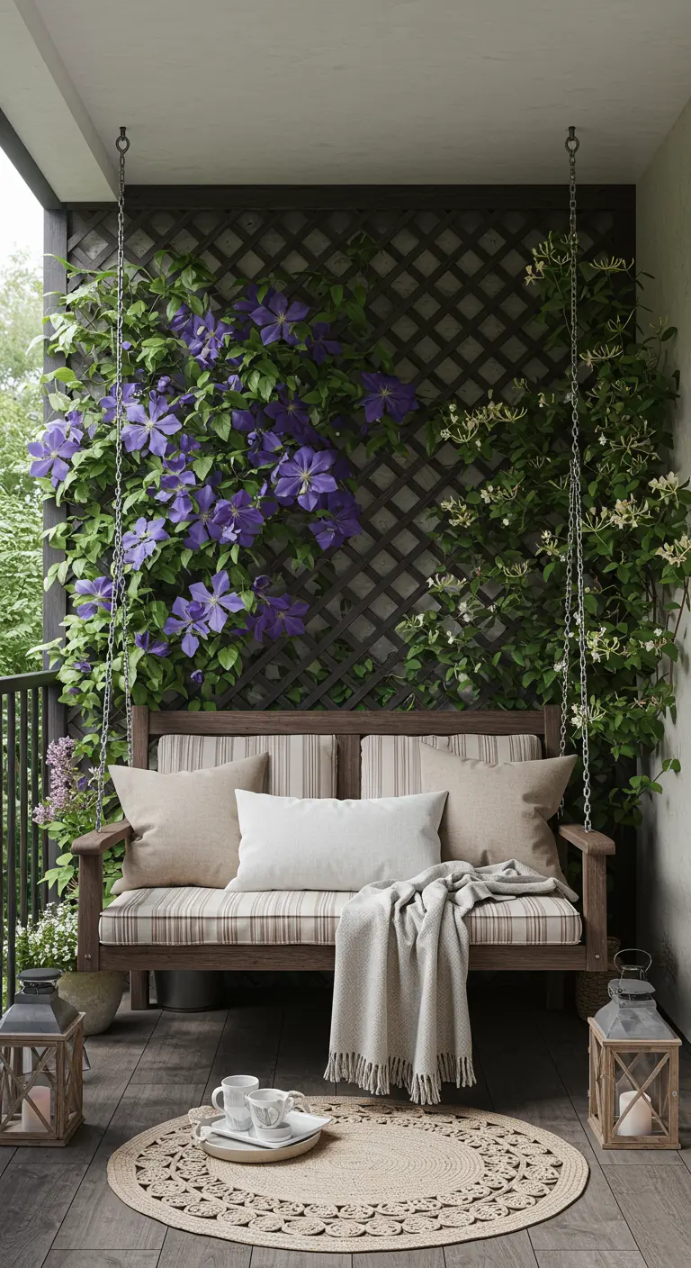 Balkon met houten hangbank, omringd door bloeiende klimplanten tegen een houten trellis.