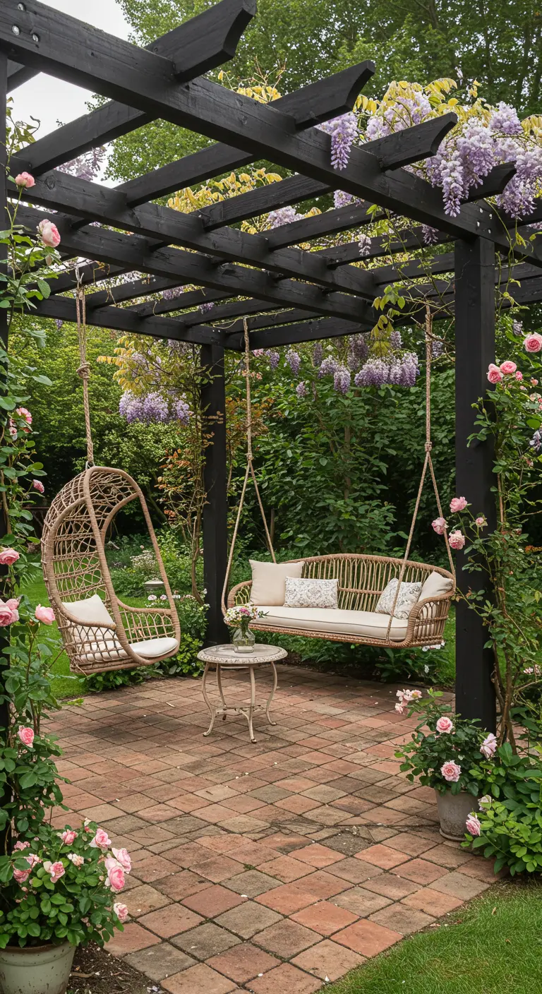 Houten pergola met rotan hangstoel en hangbank, omringd door bloeiende rozen.