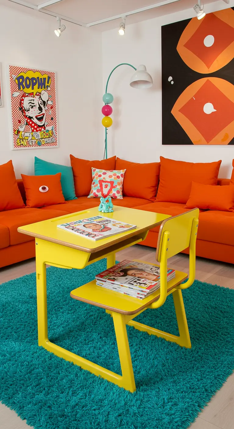 Geel vintage schoolbankje met stoel op een turquoise tapijt.