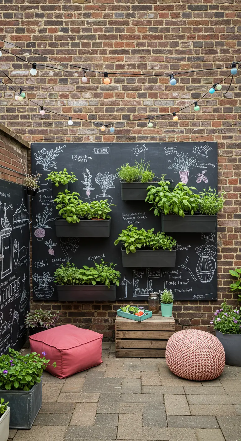 Verticale schoolbord moestuin met krijttekeningen, zwarte plantenbakken en kleurrijke poefs.