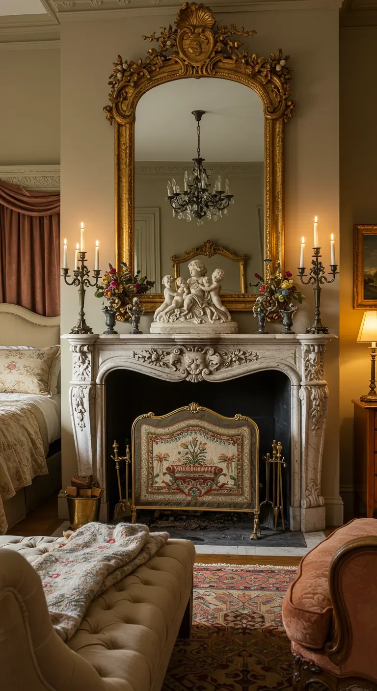 Klassieke slaapkamer met marmeren schouw, grote gouden spiegel en kaarslicht.