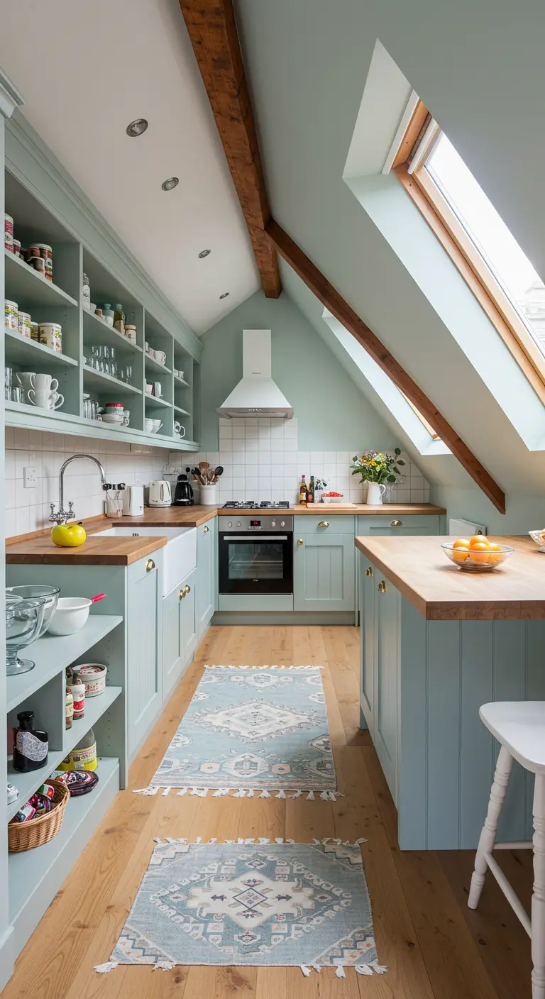 Lichte keuken onder een schuin dak met open planken, dakramen en een klein eiland.