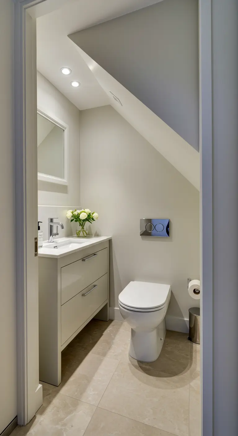 Compact toilet onder een schuin dak met een klein wastafelmeubel en lichte kleuren.