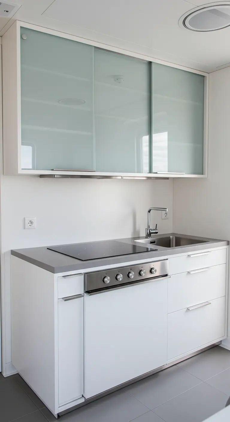 Compacte witte keuken met matglazen schuifdeuren voor bovenkasten en RVS accenten.