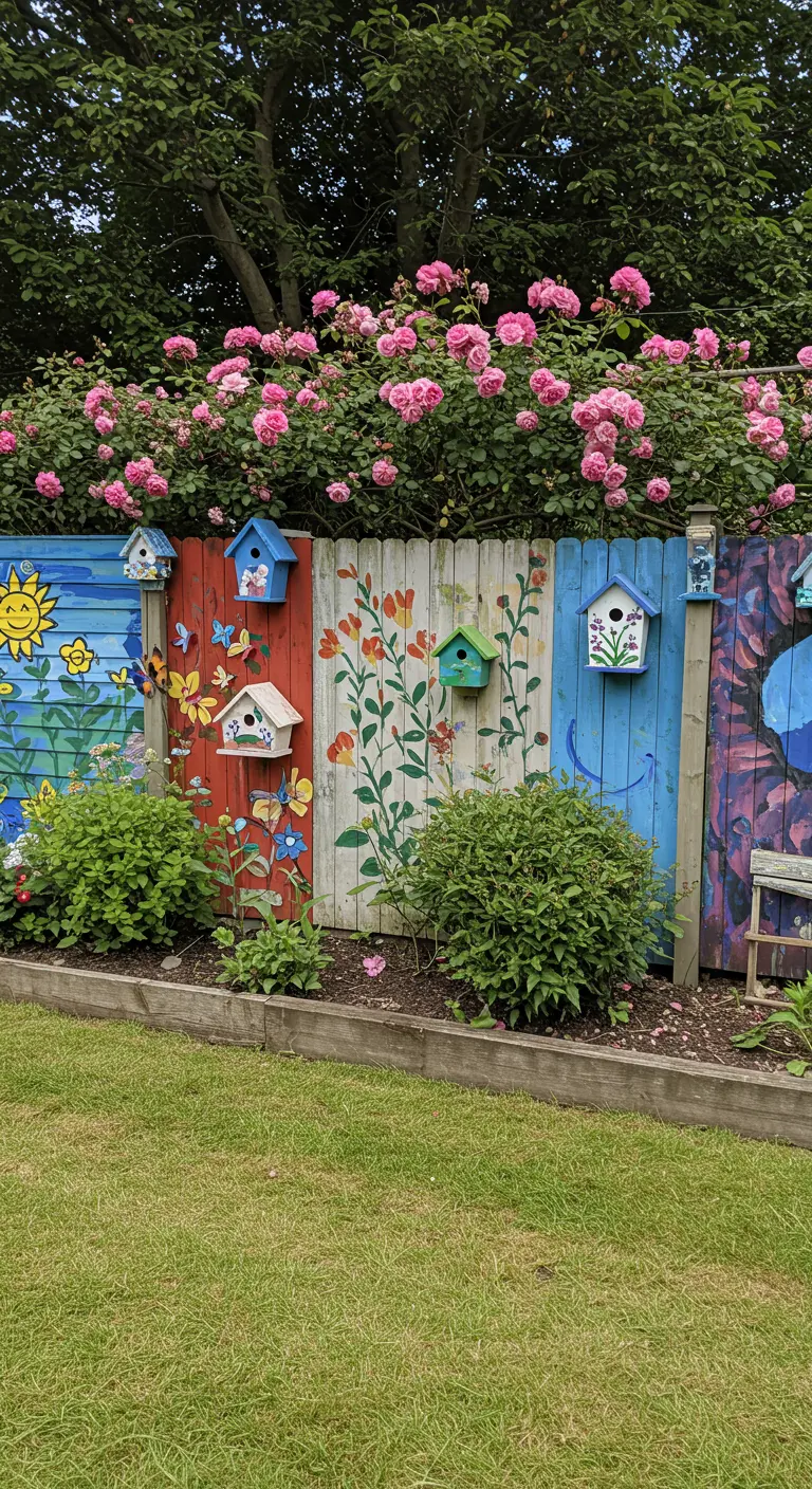 Houten schutting beschilderd met bloemen en voorzien van vogelhuisjes.