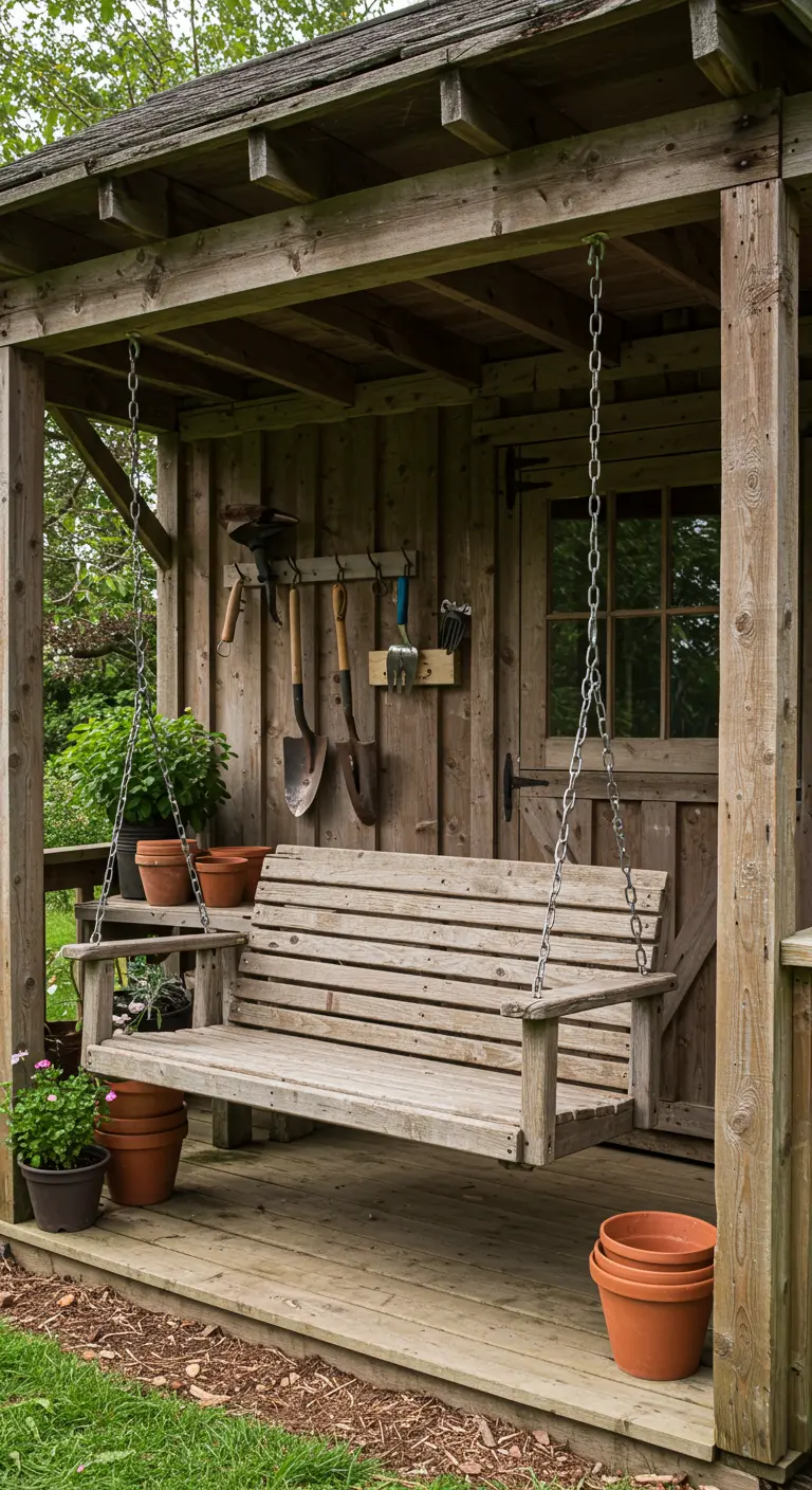 Houten schommelbank op veranda van rustieke houten schuur met tuingereedschap.