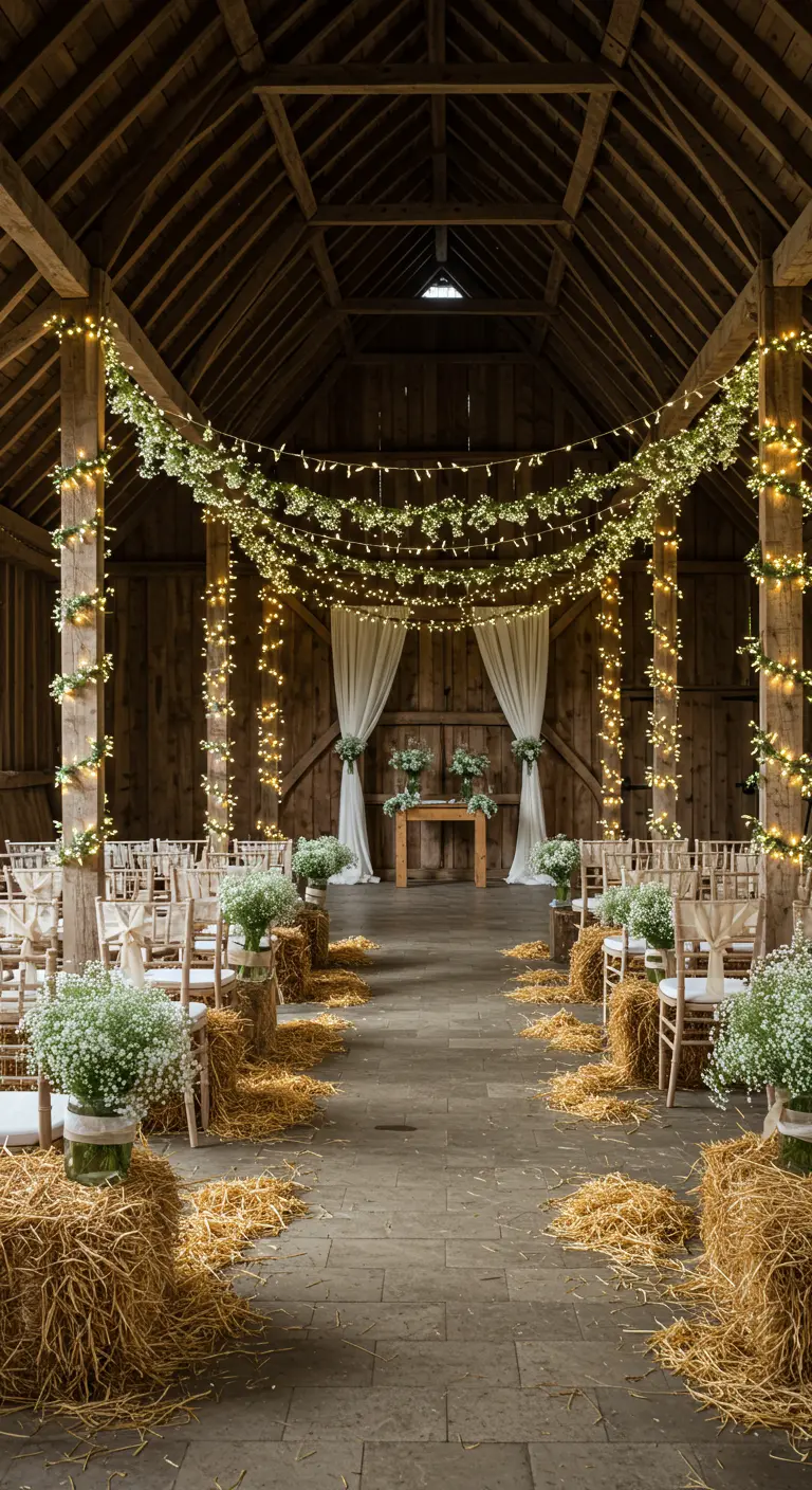 Rustieke schuurceremonie met lichtjesslingers, witte doeken en gipskruid op hooibalen.