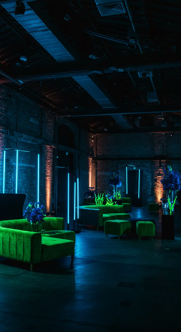 Loungehoek in industriële setting met neonblauwe en groene verlichting en fluwelen meubels