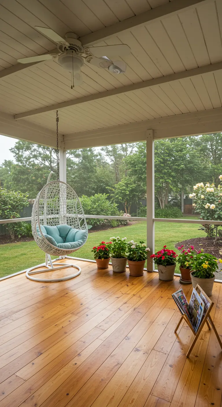 Witte hangstoel op een veranda met horrengaas, plafondventilator en potten met bloeiende planten.