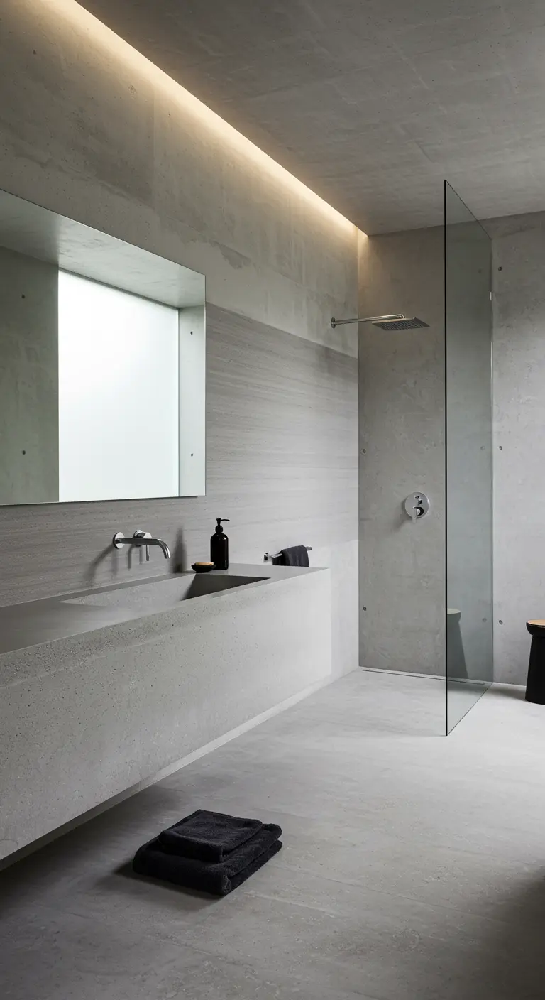 Minimalistische betonnen badkamer met geïntegreerde wastafel en glazen douchewand.