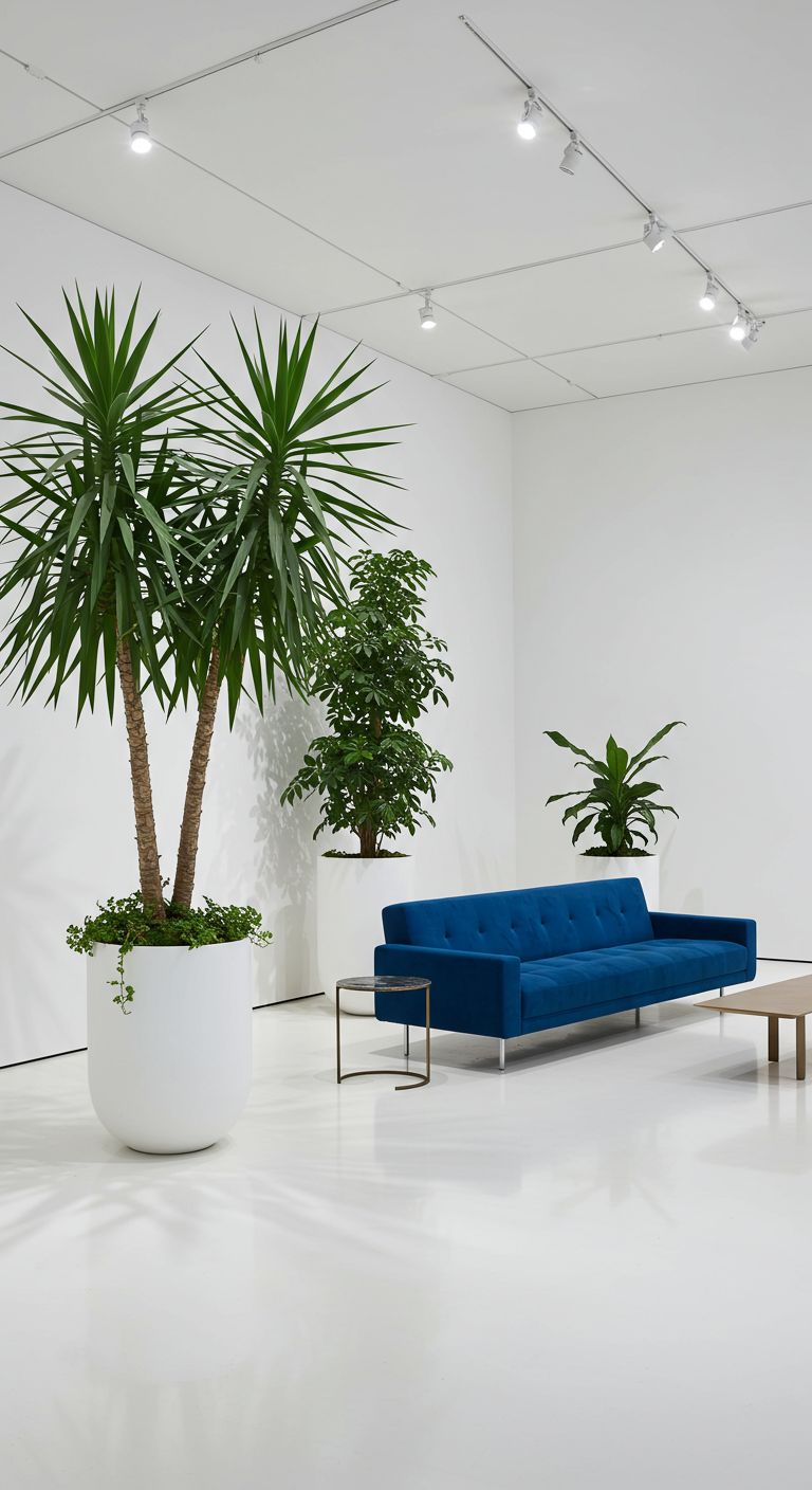 Ultra-minimalistische witte woonkamer met blauwe bank en grote sculpturale planten.