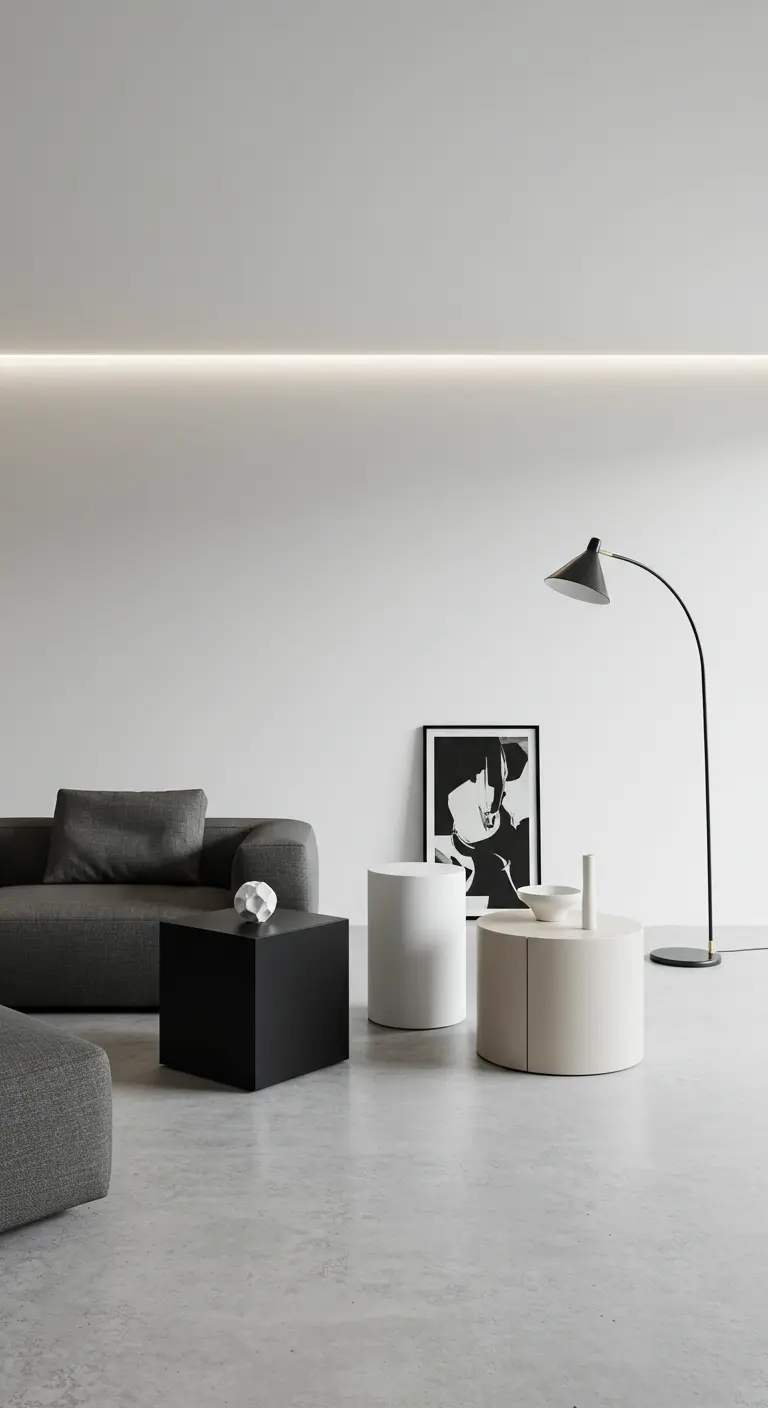 Drie minimalistische bijzettafels in geometrische vormen: zwart, wit en beige.