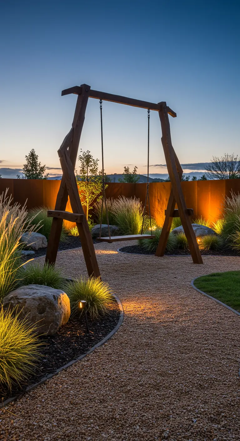 Robuuste houten schommelconstructie met verlichting in een moderne tuin met grind en siergrassen.
