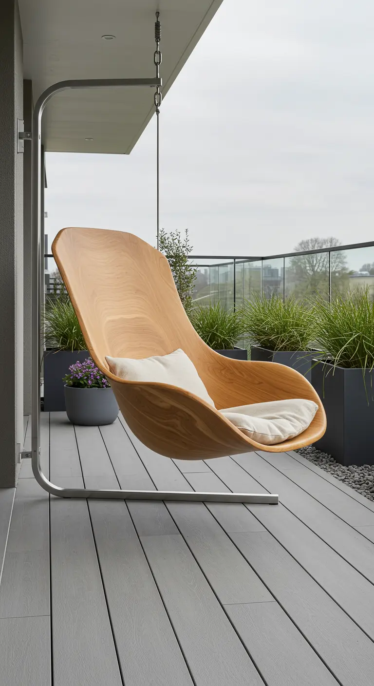 Houten design hangstoel met vloeiende vorm op modern grijs balkon.