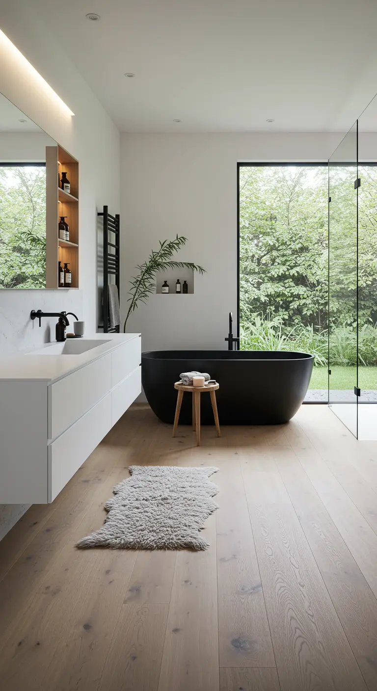 Minimalistische badkamer met groot raam, zwart vrijstaand bad en lichte houten vloer.