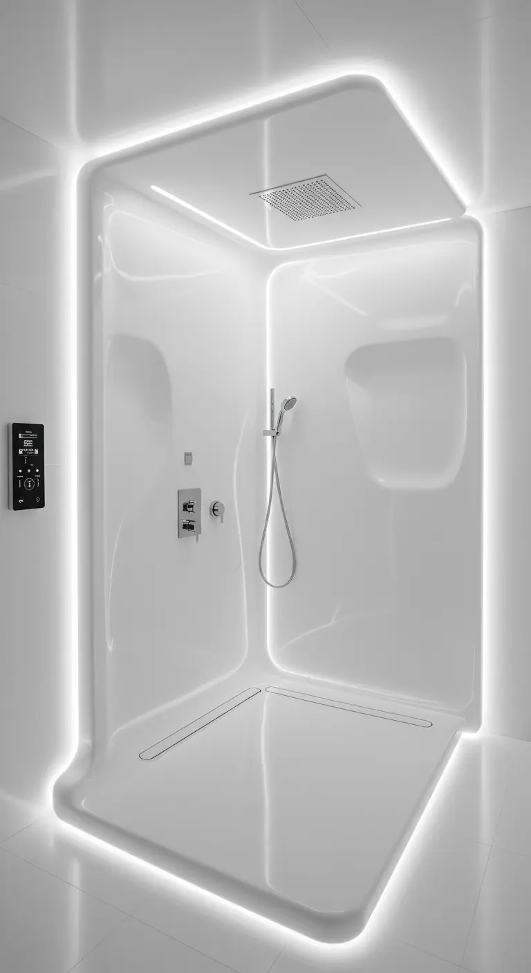Futuristische witte douchecabine met afgeronde hoeken, naadloos design en indirecte LED-verlichting.
